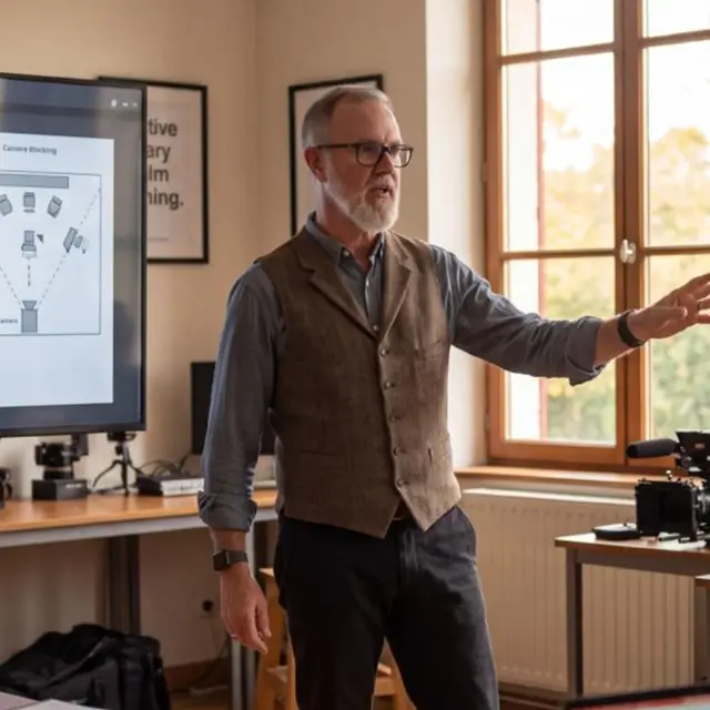 Sébastien Denis en train d'animer une formation, devant l'écran de storyboards