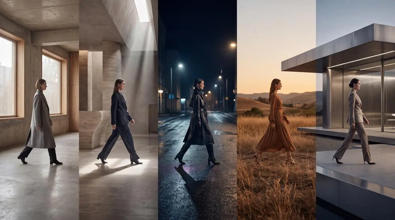 Le même personnage tenu sur cinq décors différents, du hall en béton à la rue de nuit