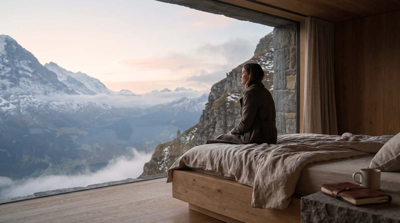 Image générée : chambre alpine face aux montagnes